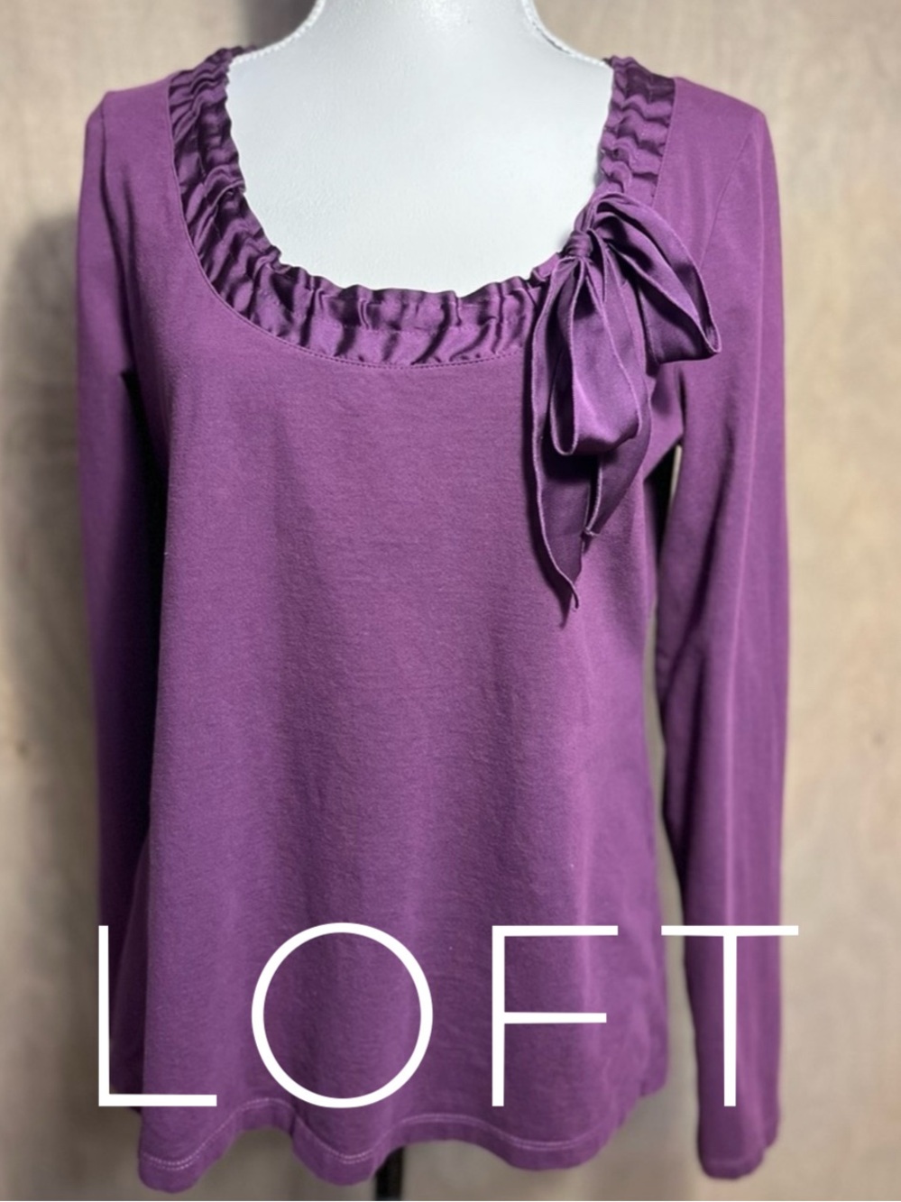 LOFT Ladies Purple Satin Ribbon Bow Long Sleeve Knit Top L